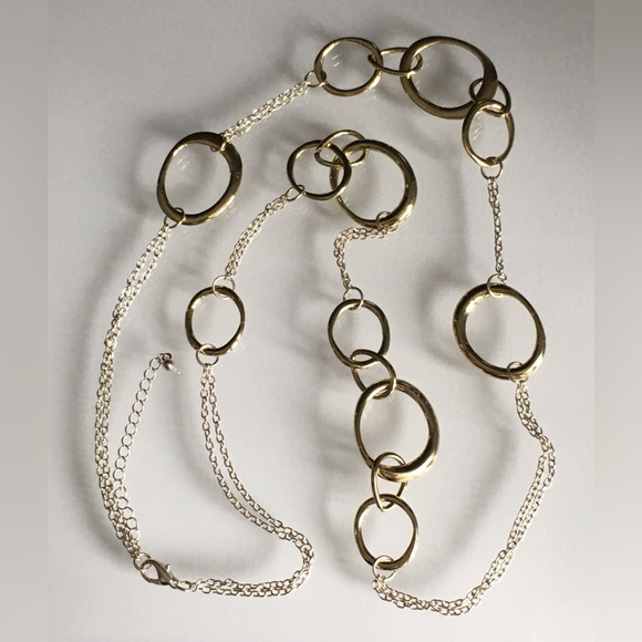 Asymmetrical Silver & Gold Tone Necklace Circles Joined Together With Chains - Picture 3 of 5